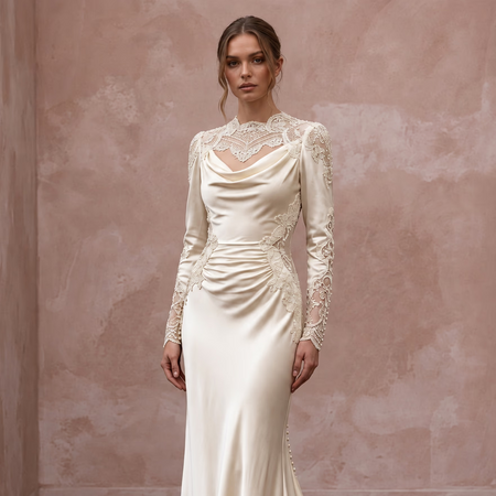 Vintage Cream Silk Satin Long Sleeve Bias Cut Bridal Dress - Apparel & Accessories > Clothing > Wedding & Bridal Party Dresses > Wedding Dresses - Mignonette Bridal