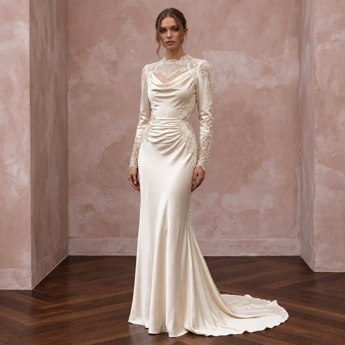 Vintage Cream Silk Satin Long Sleeve Bias Cut Bridal Dress - Apparel & Accessories > Clothing > Wedding & Bridal Party Dresses > Wedding Dresses - Mignonette Bridal