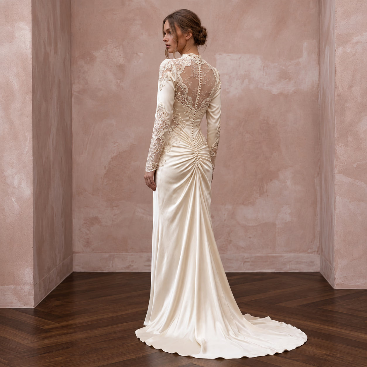 Vintage Cream Silk Satin Long Sleeve Bias Cut Bridal Dress Secondary image