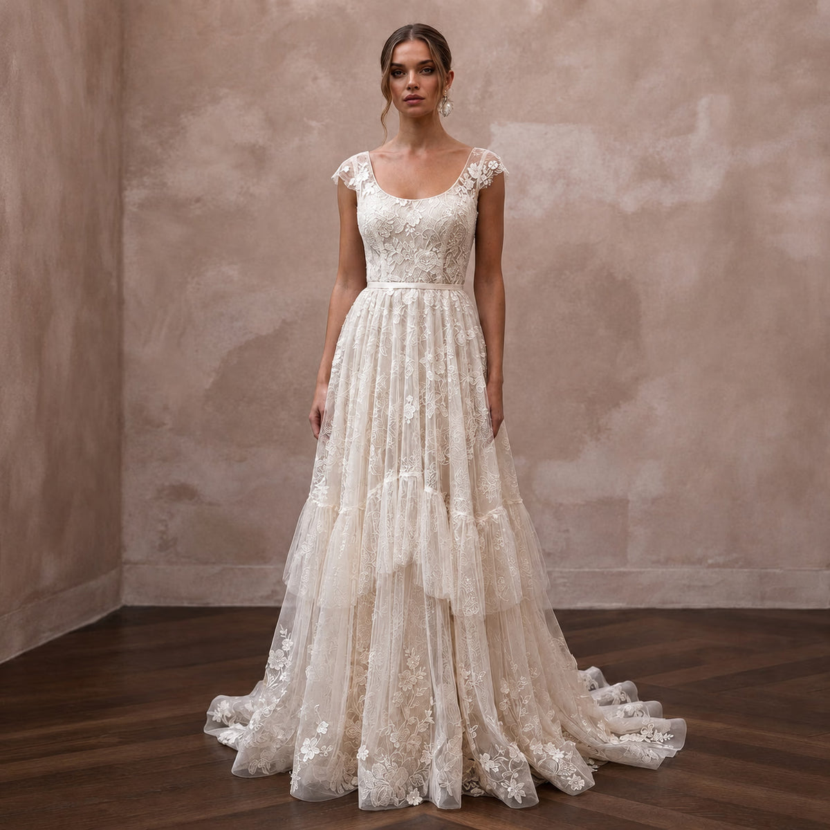 Vintage Floral Lace Bridal Gown with Scoop Neckline for an Outdoor Wedding - Apparel & Accessories > Clothing > Wedding & Bridal Party Dresses > Wedding Dresses - Mignonette Bridal Main image