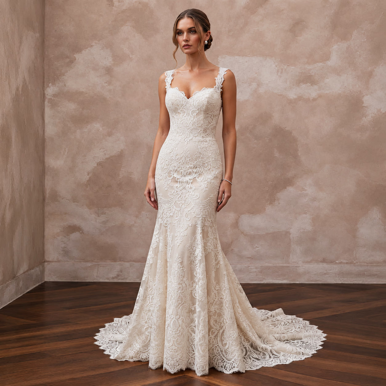 Vintage Ivory Chantilly Lace Drop Waist Trumpet Wedding Dress - Apparel & Accessories > Clothing > Wedding & Bridal Party Dresses > Wedding Dresses - Mignonette Bridal