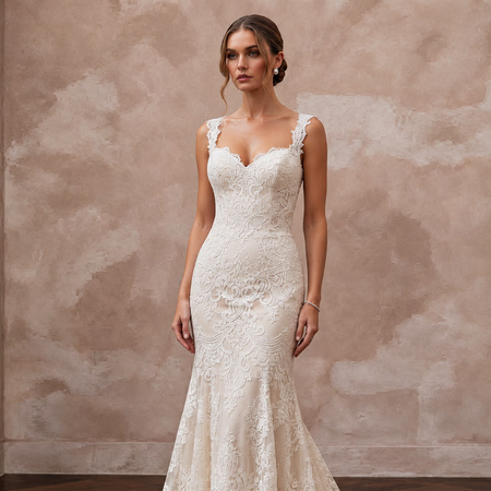 Vintage Ivory Chantilly Lace Drop Waist Trumpet Wedding Dress - Apparel & Accessories > Clothing > Wedding & Bridal Party Dresses > Wedding Dresses - Mignonette Bridal