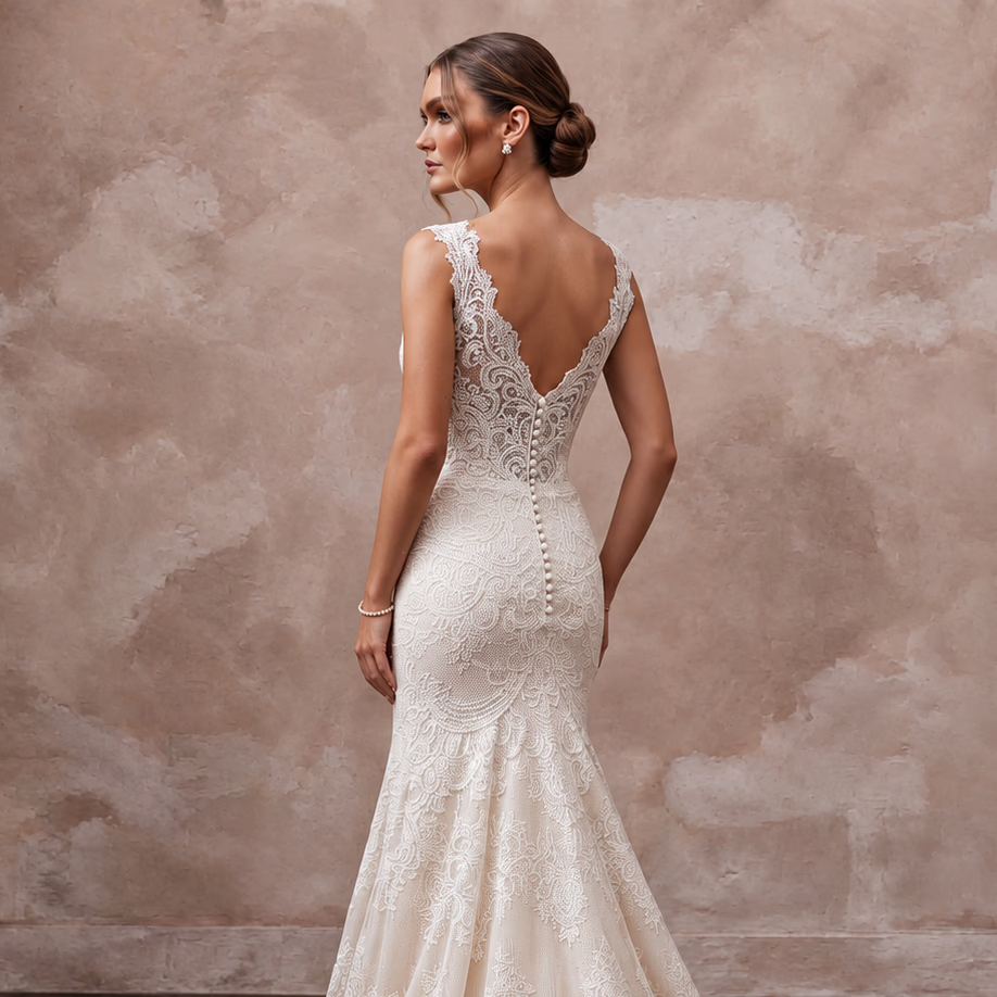 Vintage Ivory Chantilly Lace Drop Waist Trumpet Wedding Dress - Apparel & Accessories > Clothing > Wedding & Bridal Party Dresses > Wedding Dresses - Mignonette Bridal