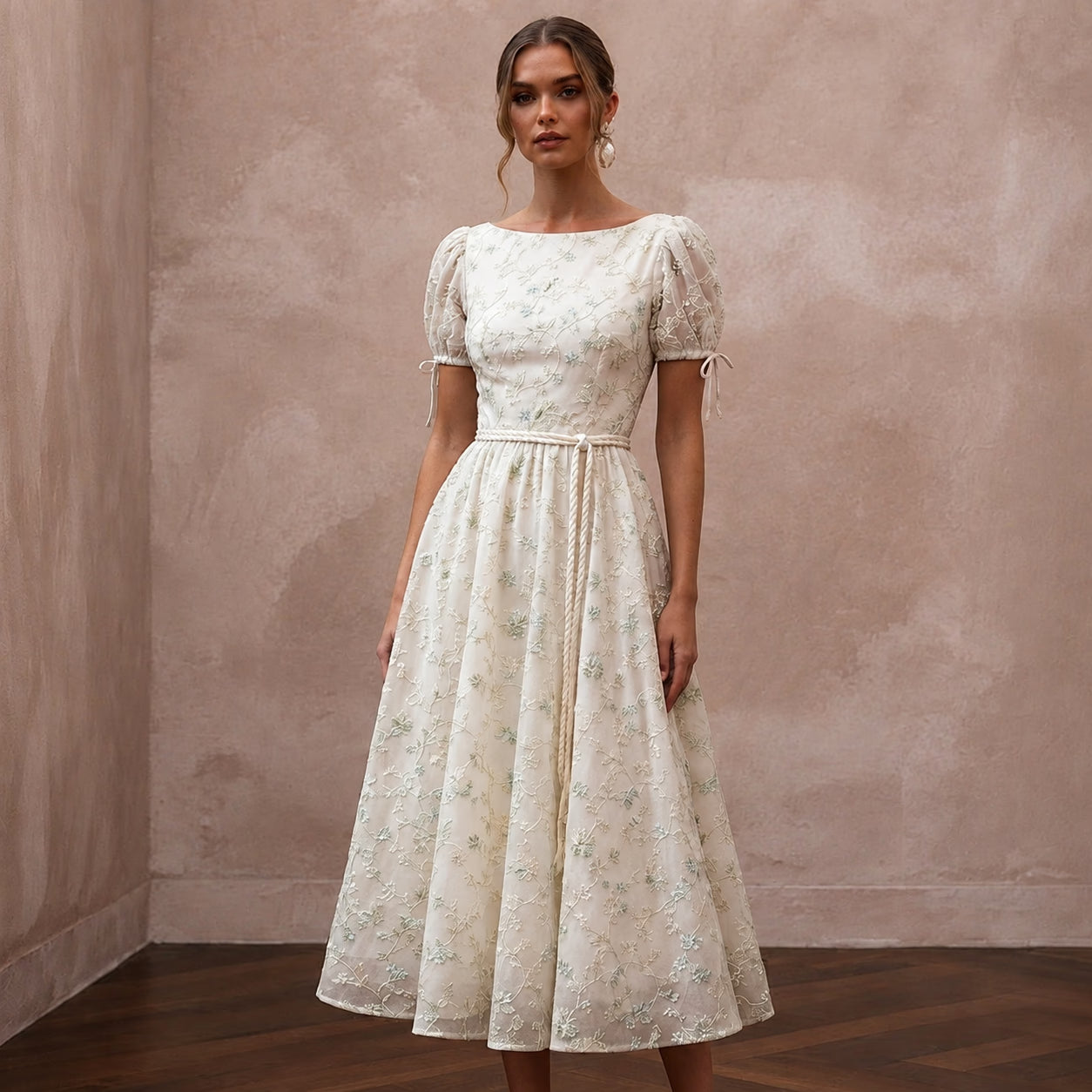 Vintage Ivory Floral Cotton Dress for Garden Rehearsal Dinner - Apparel & Accessories > Clothing > Wedding & Bridal Party Dresses > Wedding Dresses - Mignonette Bridal Main image