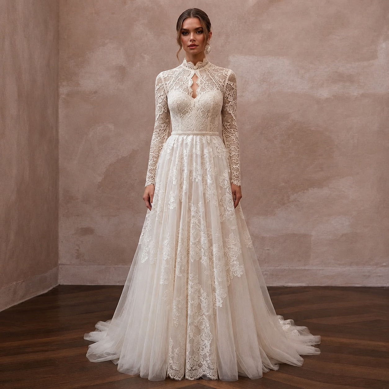 Vintage Lace A - Line Wedding Dress with High Neck - Apparel & Accessories > Clothing > Wedding & Bridal Party Dresses > Wedding Dresses - Mignonette Bridal