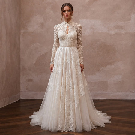 Vintage Lace A - Line Wedding Dress with High Neck - Apparel & Accessories > Clothing > Wedding & Bridal Party Dresses > Wedding Dresses - Mignonette Bridal