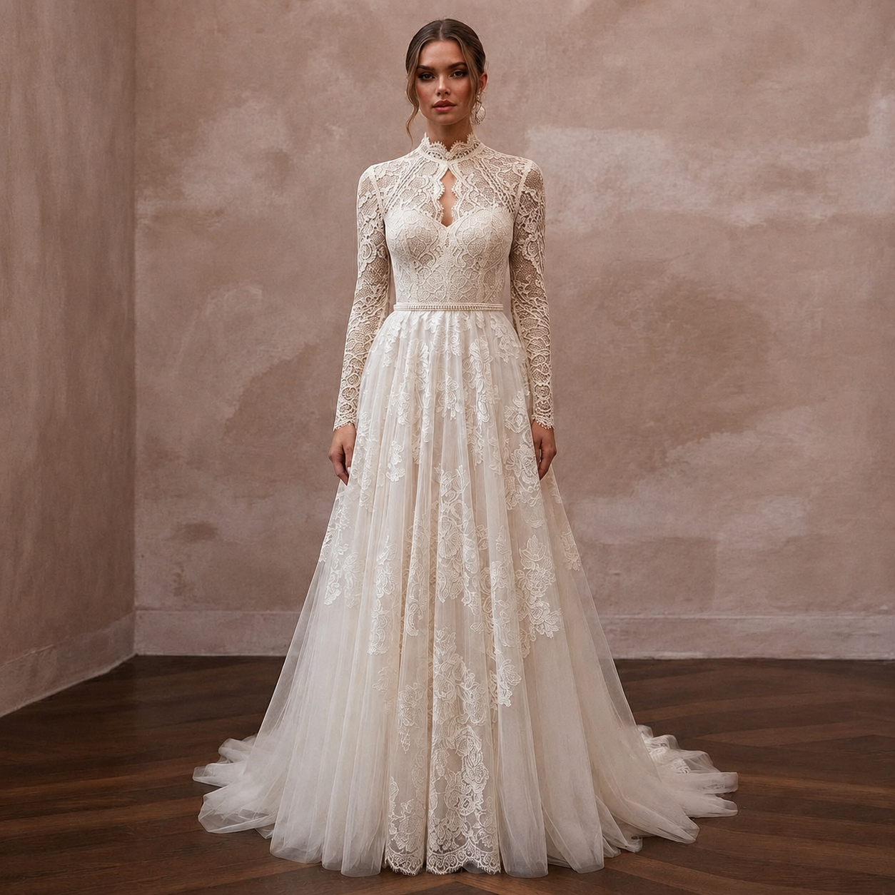 Vintage Lace A-Line Wedding Dress with High Neck