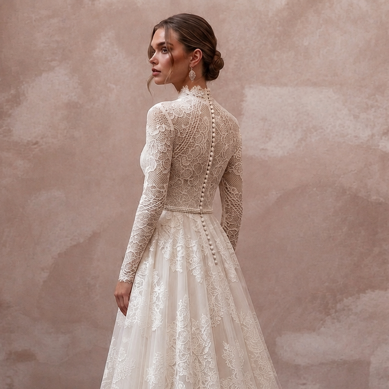 Vintage Lace A-Line Wedding Dress with High Neck