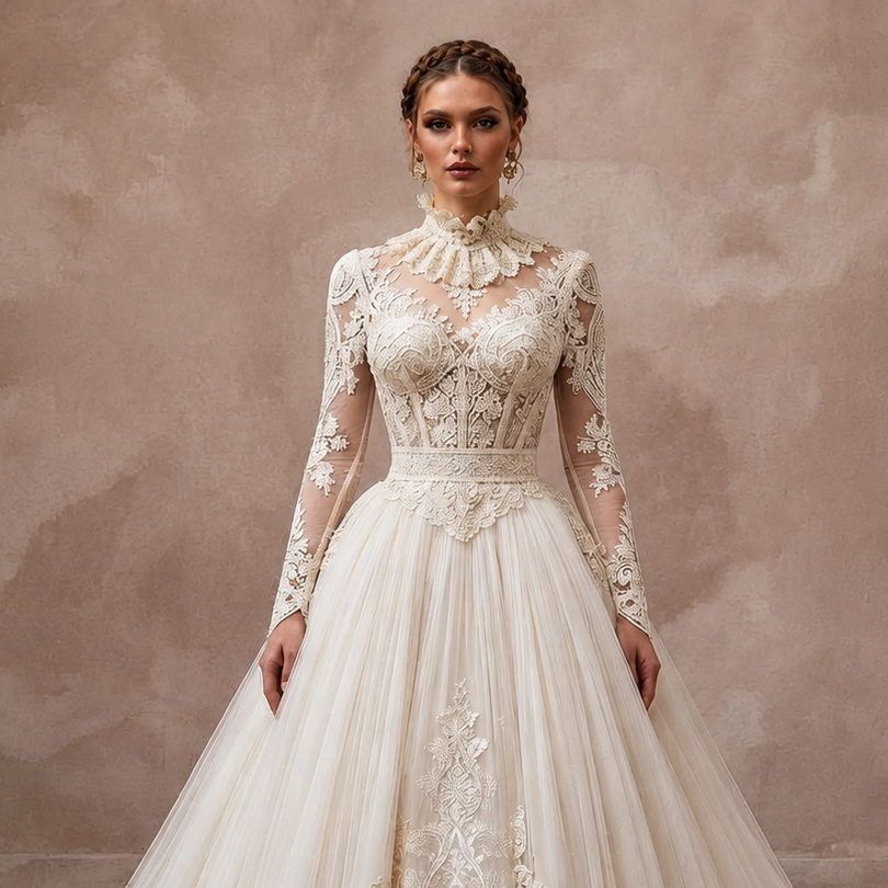 Vintage Lace Ball Gown Wedding Dress with High Neck