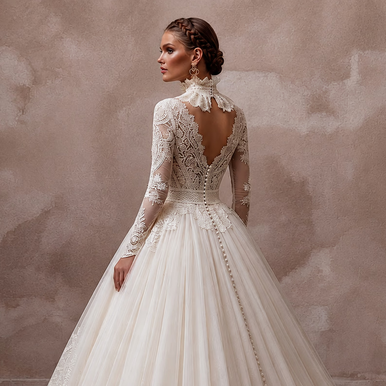Vintage Lace Ball Gown Wedding Dress with High Neck - Apparel & Accessories > Clothing > Wedding & Bridal Party Dresses > Wedding Dresses - Mignonette Bridal