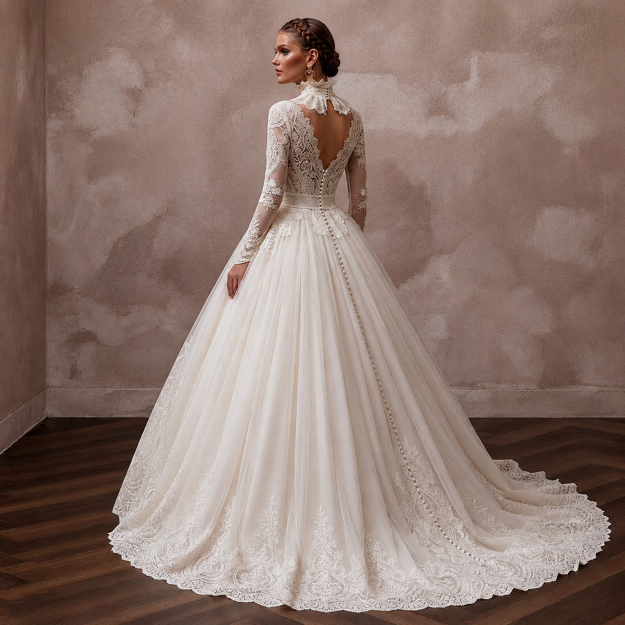 Vintage Lace Ball Gown Wedding Dress with High Neck Secondary image