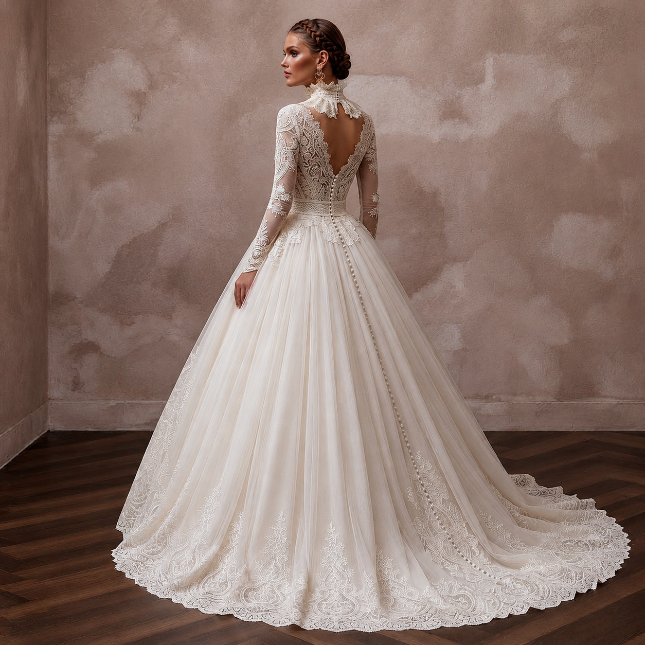 Vintage Lace Ball Gown Wedding Dress with High Neck