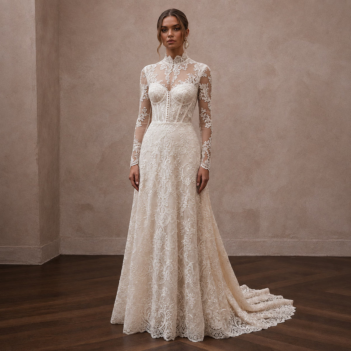Vintage Lace Bridal Dress for a Winter Wedding - Apparel & Accessories > Clothing > Wedding & Bridal Party Dresses > Wedding Dresses - Mignonette Bridal Main image