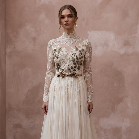 Vintage Lace Bridal Dress with High Neck for a Woodland Ceremony