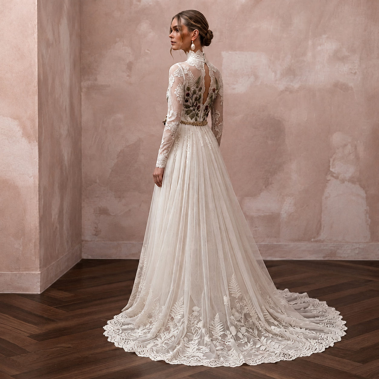 Vintage Lace Bridal Dress with High Neck for a Woodland Ceremony
