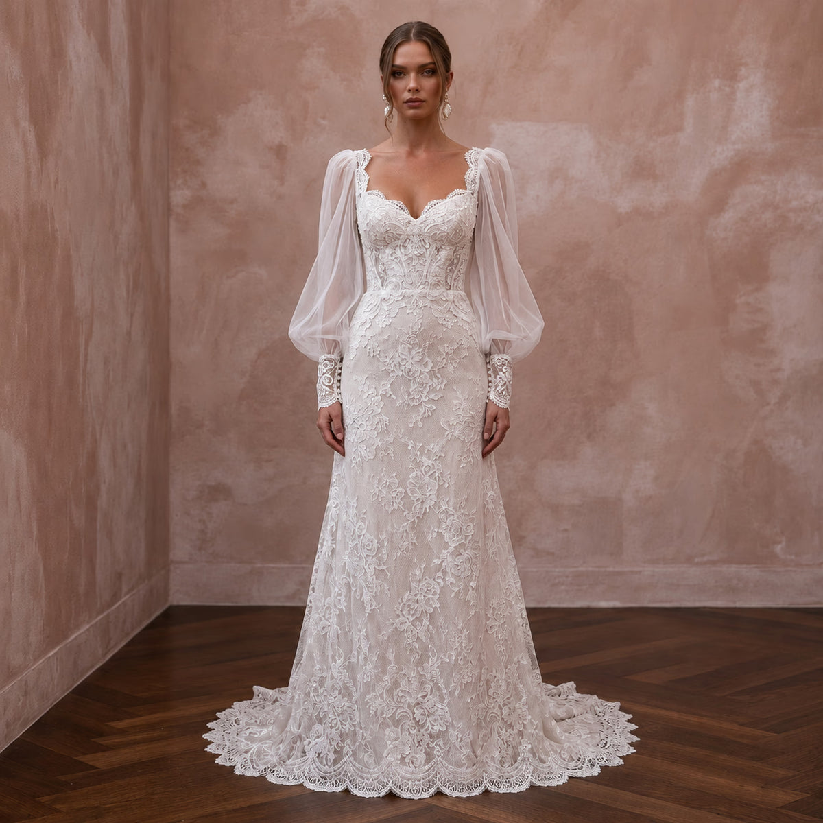 Vintage Lace Bridal Gown with Bishop Sleeves for a Winery Wedding - Apparel & Accessories > Clothing > Wedding & Bridal Party Dresses > Wedding Dresses - Mignonette Bridal Main image