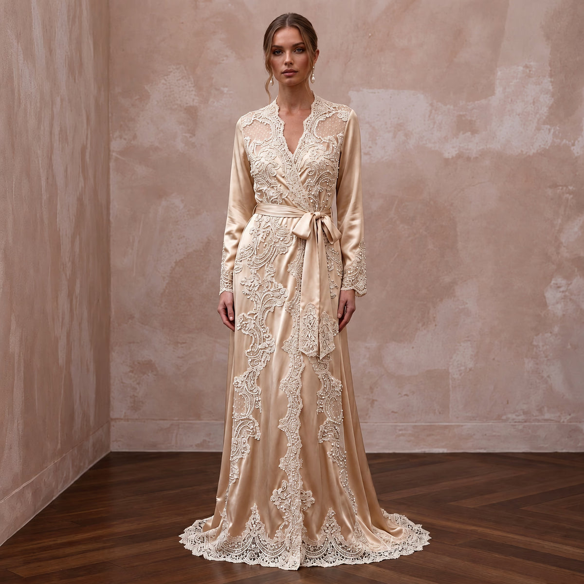 Vintage Lace Champagne Silk Bridal Robe for Getting Ready Photoshoot - Apparel & Accessories > Clothing > Wedding & Bridal Party Dresses > Wedding Dresses - Mignonette Bridal Main image