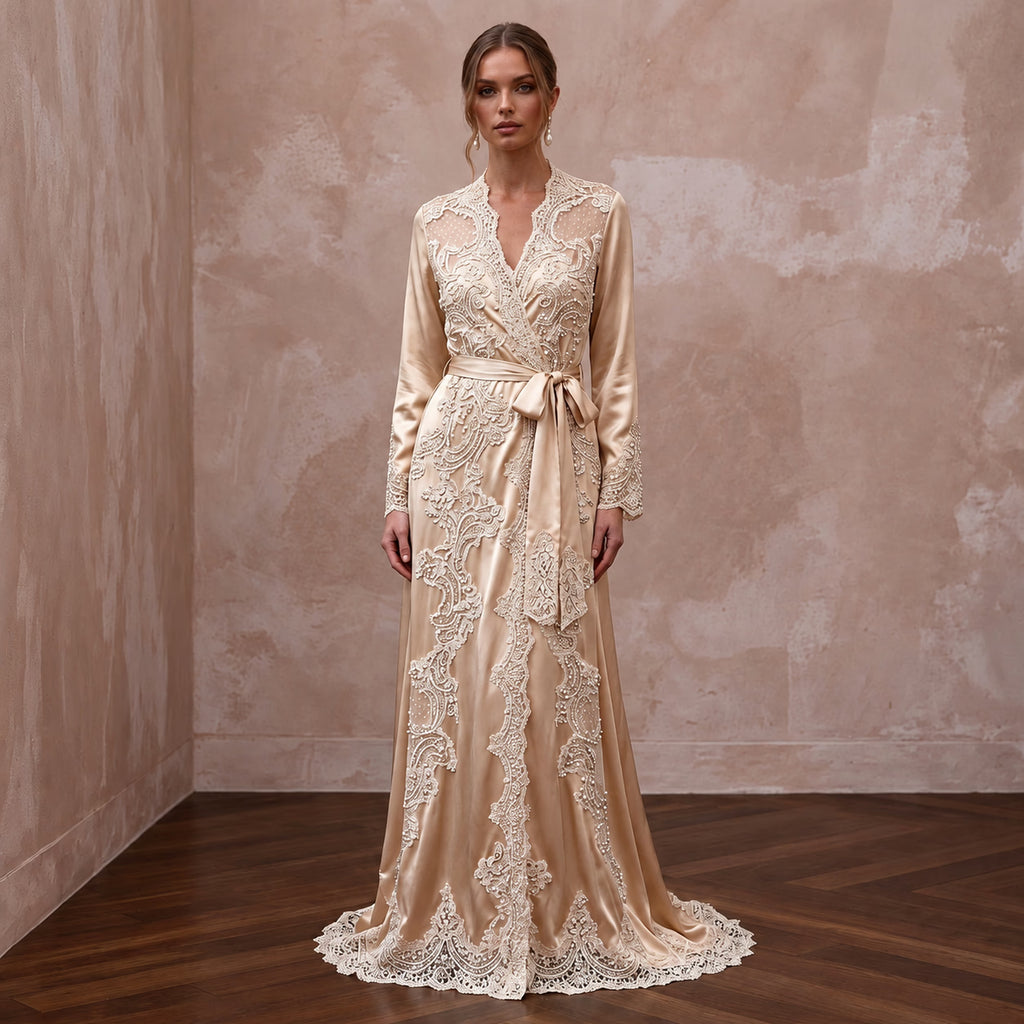 Vintage Lace Champagne Silk Bridal Robe for Getting Ready Photoshoot