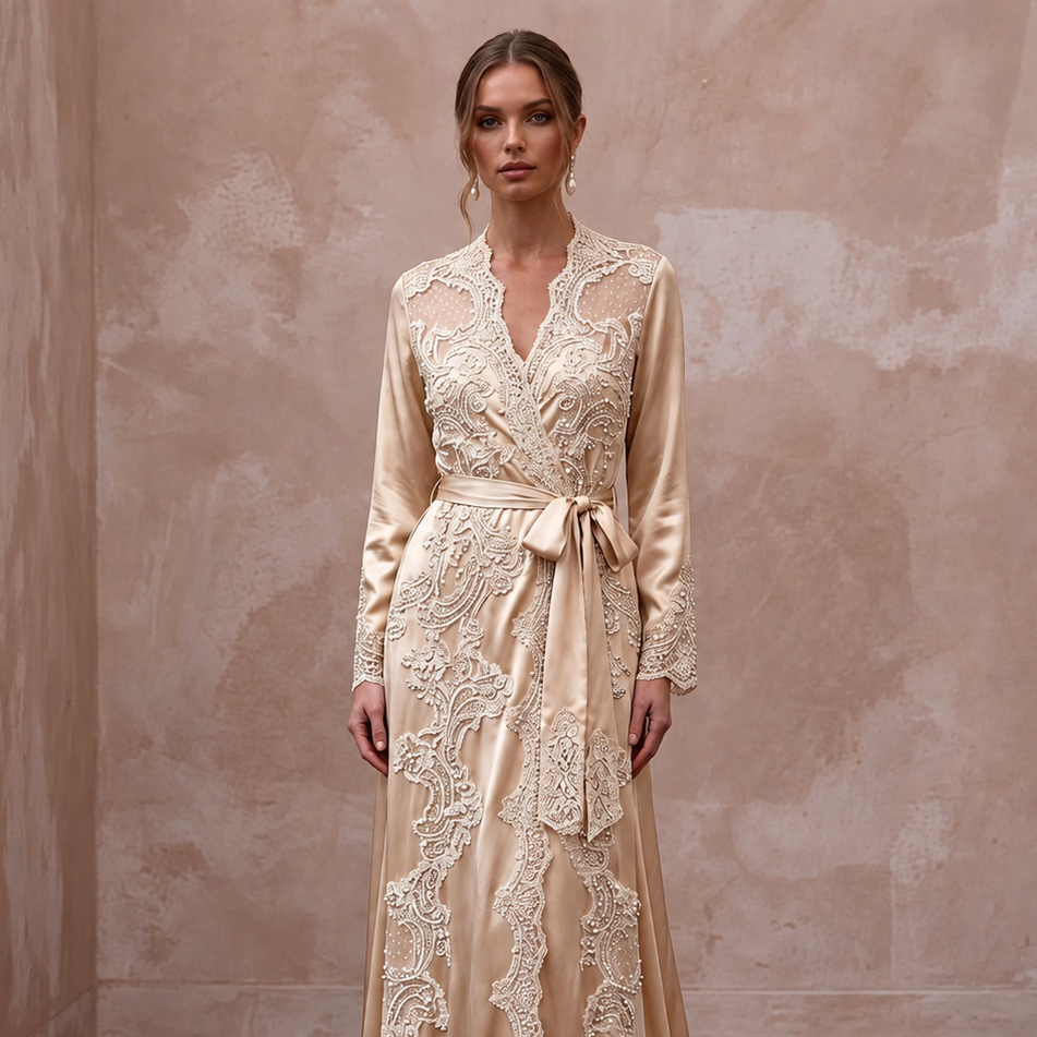 Vintage Lace Champagne Silk Bridal Robe for Getting Ready Photoshoot