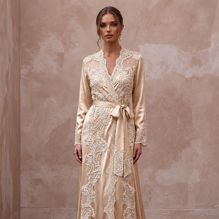 Vintage Lace Champagne Silk Bridal Robe for Getting Ready Photoshoot