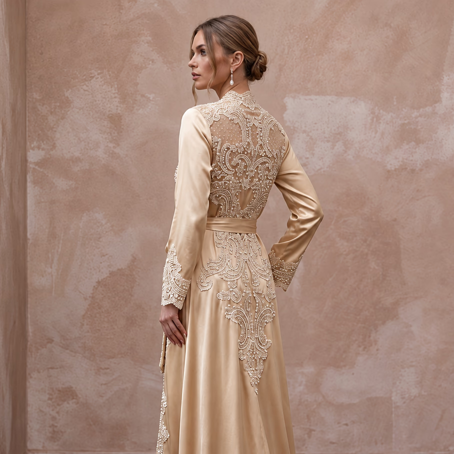 Vintage Lace Champagne Silk Bridal Robe for Getting Ready Photoshoot