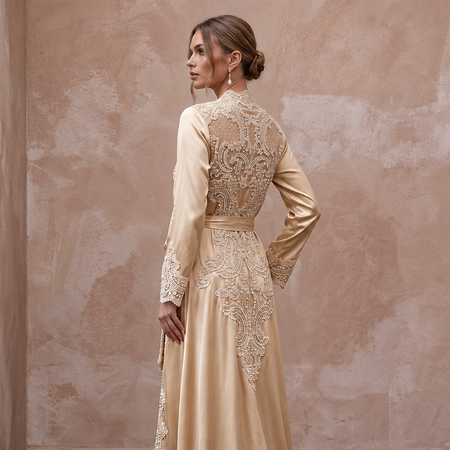Vintage Lace Champagne Silk Bridal Robe for Getting Ready Photoshoot