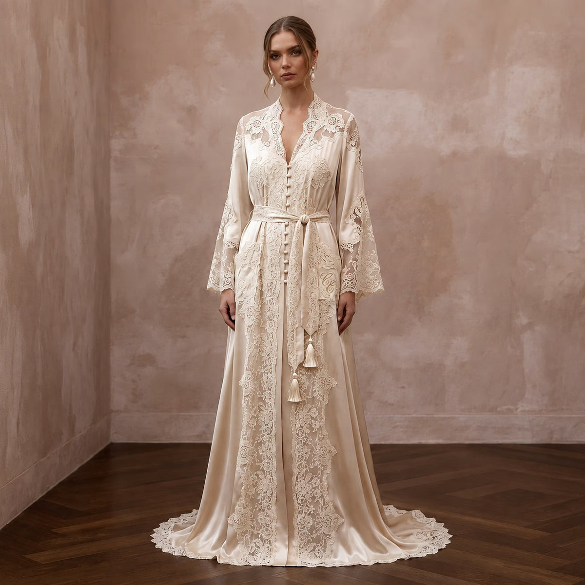 Vintage Lace Champagne Silk Robe for Getting Ready Photoshoot - Apparel & Accessories > Clothing > Wedding & Bridal Party Dresses > Wedding Dresses - Mignonette Bridal