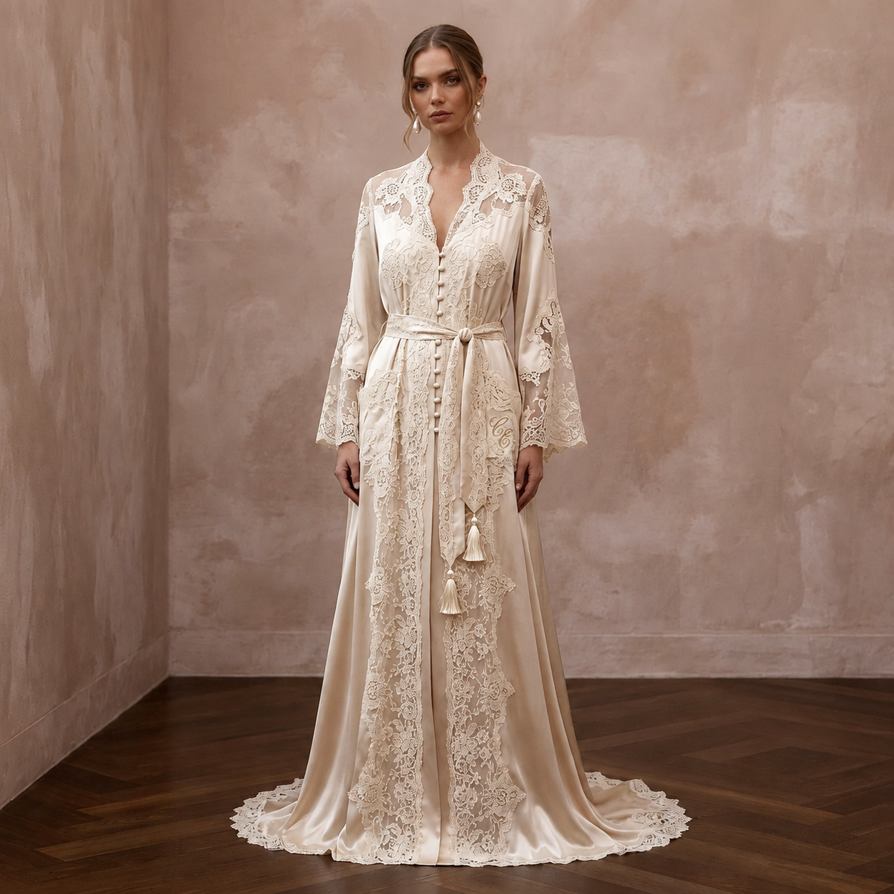 Vintage Lace Champagne Silk Robe for Getting Ready Photoshoot