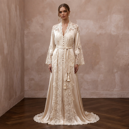 Vintage Lace Champagne Silk Robe for Getting Ready Photoshoot