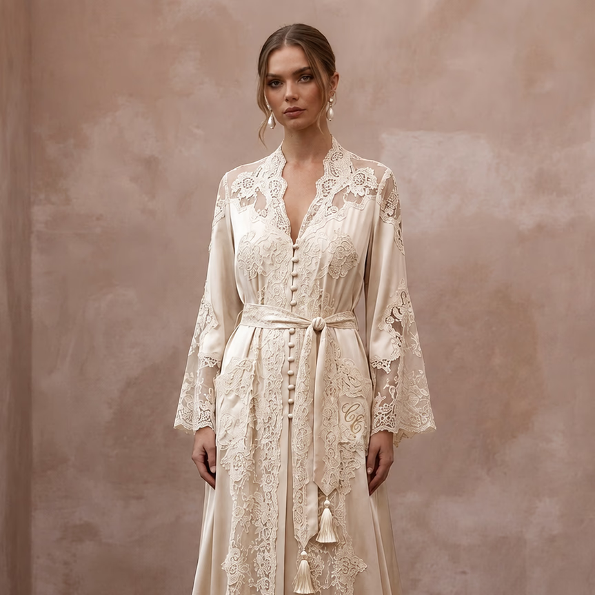 Vintage Lace Champagne Silk Robe for Getting Ready Photoshoot - Apparel & Accessories > Clothing > Wedding & Bridal Party Dresses > Wedding Dresses - Mignonette Bridal