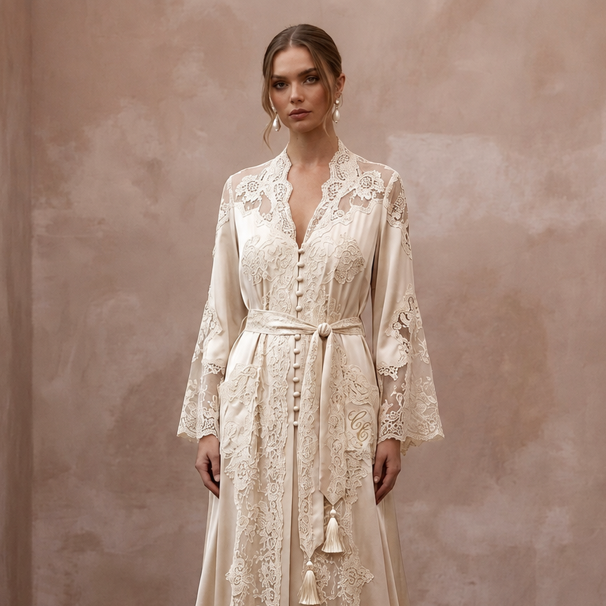 Vintage Lace Champagne Silk Robe for Getting Ready Photoshoot