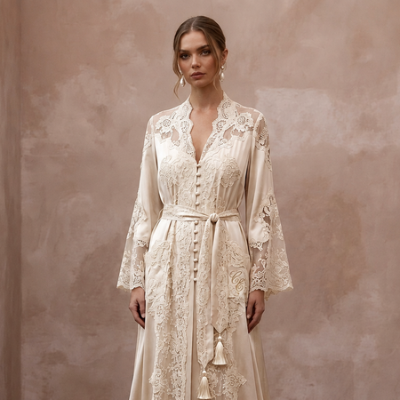 Vintage Lace Champagne Silk Robe for Getting Ready Photoshoot