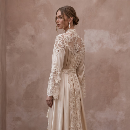 Vintage Lace Champagne Silk Robe for Getting Ready Photoshoot - Apparel & Accessories > Clothing > Wedding & Bridal Party Dresses > Wedding Dresses - Mignonette Bridal