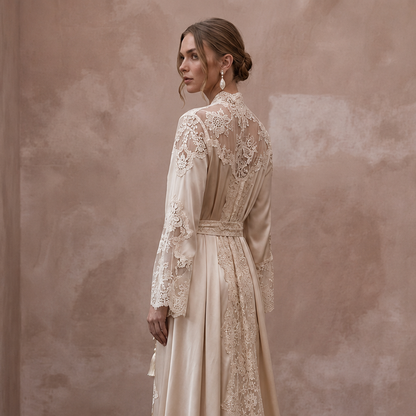 Vintage Lace Champagne Silk Robe for Getting Ready Photoshoot