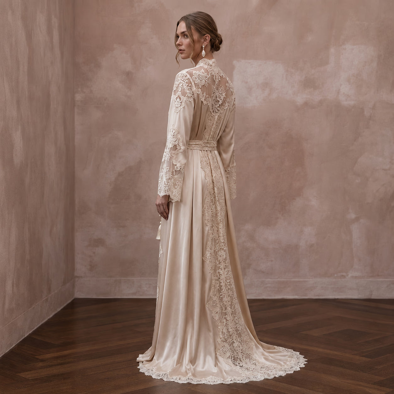 Vintage Lace Champagne Silk Robe for Getting Ready Photoshoot Secondary image
