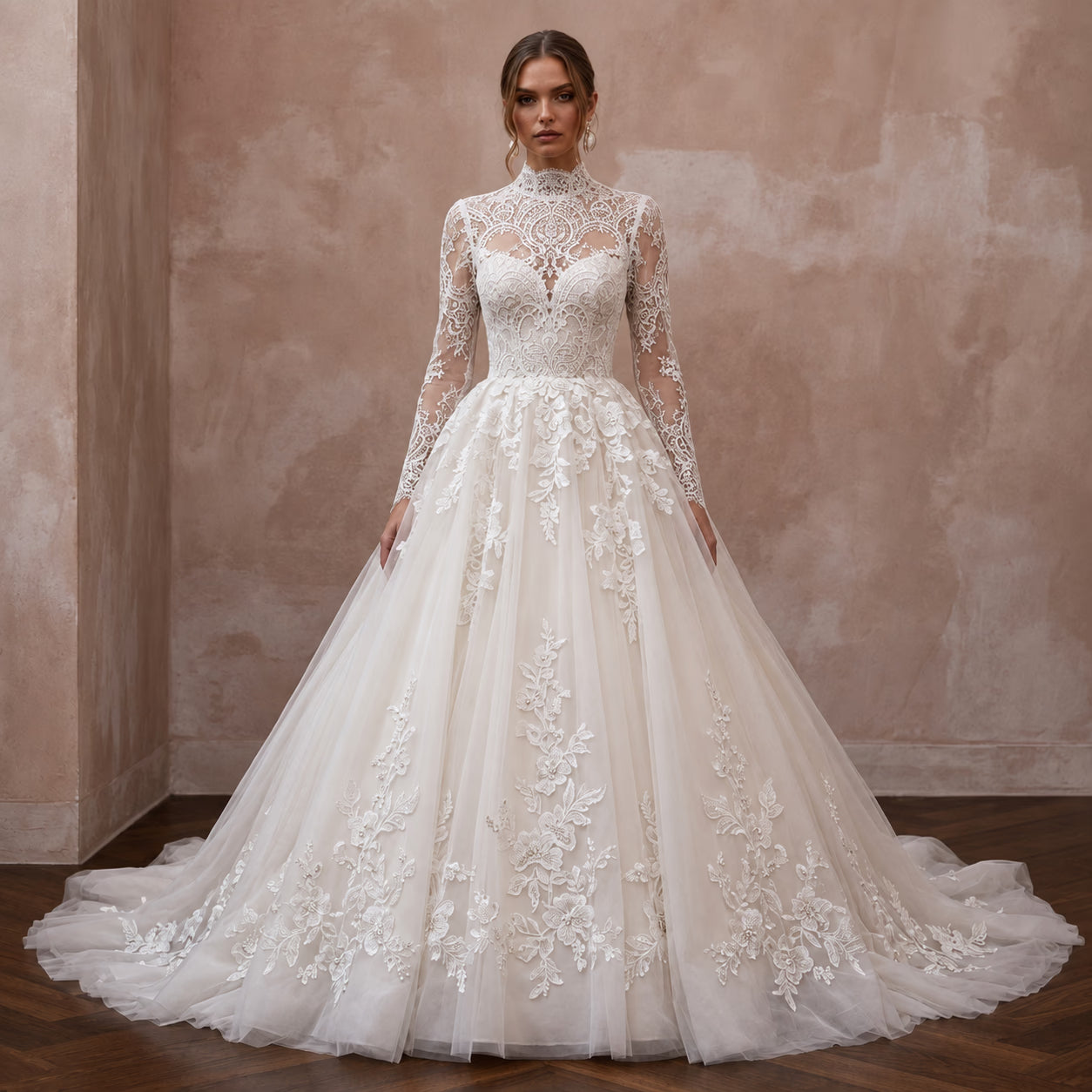 Vintage lace high-neck wedding dress with long sleeves and full ball gown skirt Main image