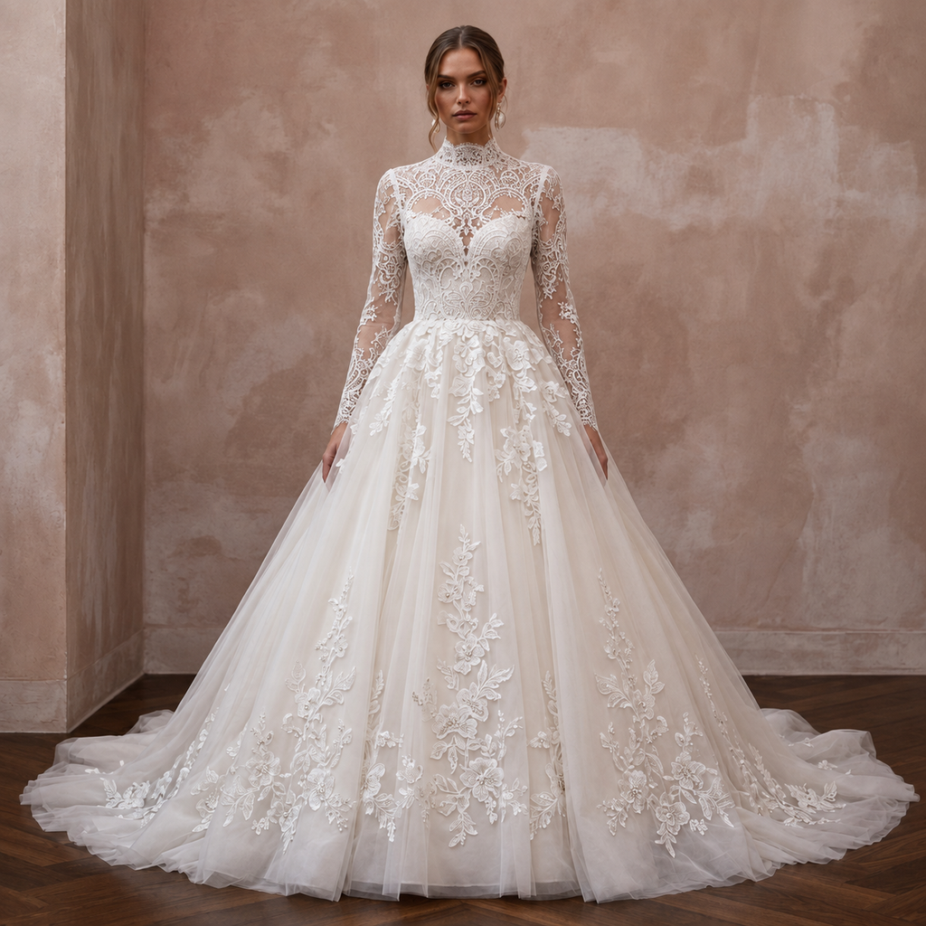 Vintage lace high-neck wedding dress with long sleeves and full ball gown skirt
