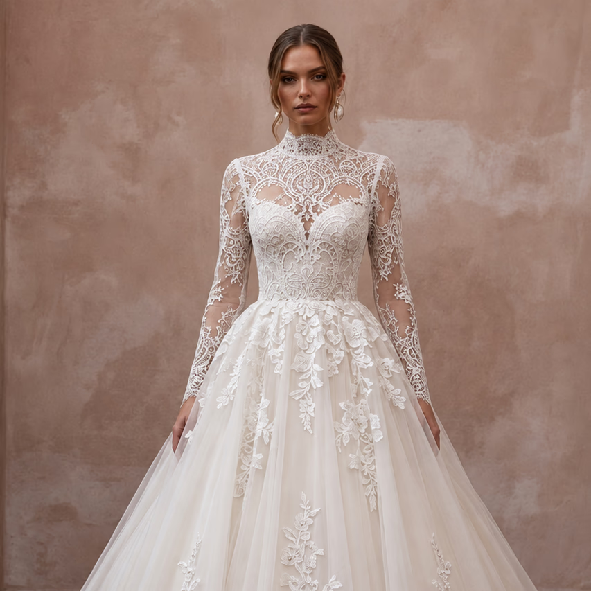 Ivory lace high-neck wedding dress with illusion bodice, long sleeves, full ballgown skirt