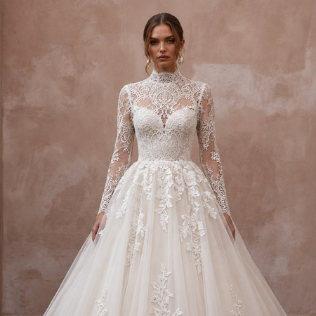 Ivory lace high-neck wedding dress with illusion bodice, long sleeves, full ballgown skirt