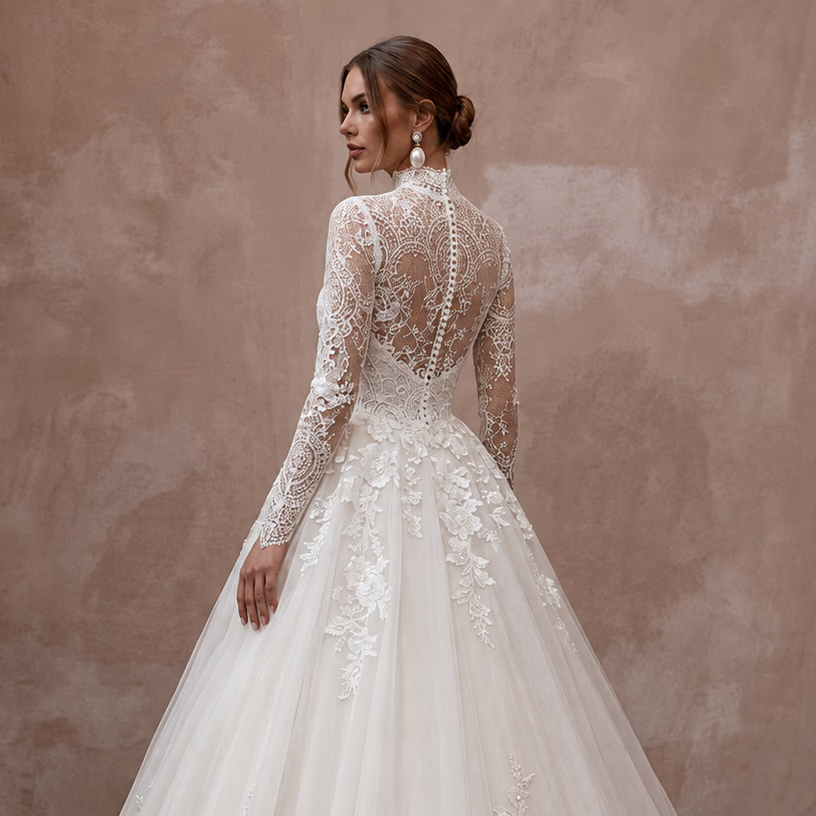 Ivory lace high-neck wedding dress with long lace sleeves, open back, full ballgown skirt