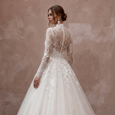 Ivory lace high-neck wedding dress with long lace sleeves, open back, full ballgown skirt
