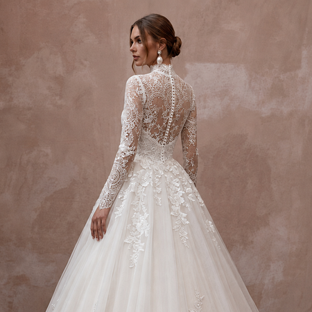 Ivory lace high-neck wedding dress with long lace sleeves, open back, full ballgown skirt