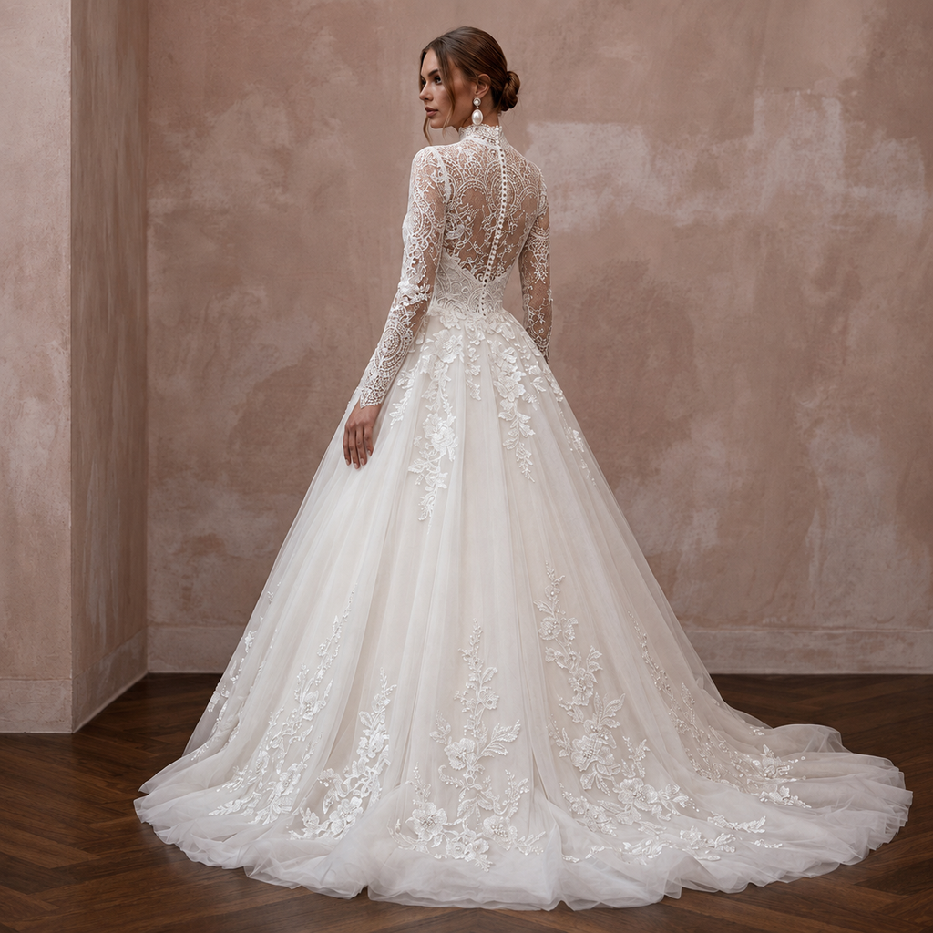 Ivory lace high-neck wedding dress with long sleeves and embroidered tulle ballgown skirt