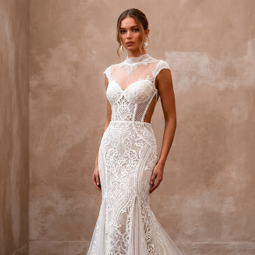 Vintage Lace Mermaid Wedding Dress with Open Back