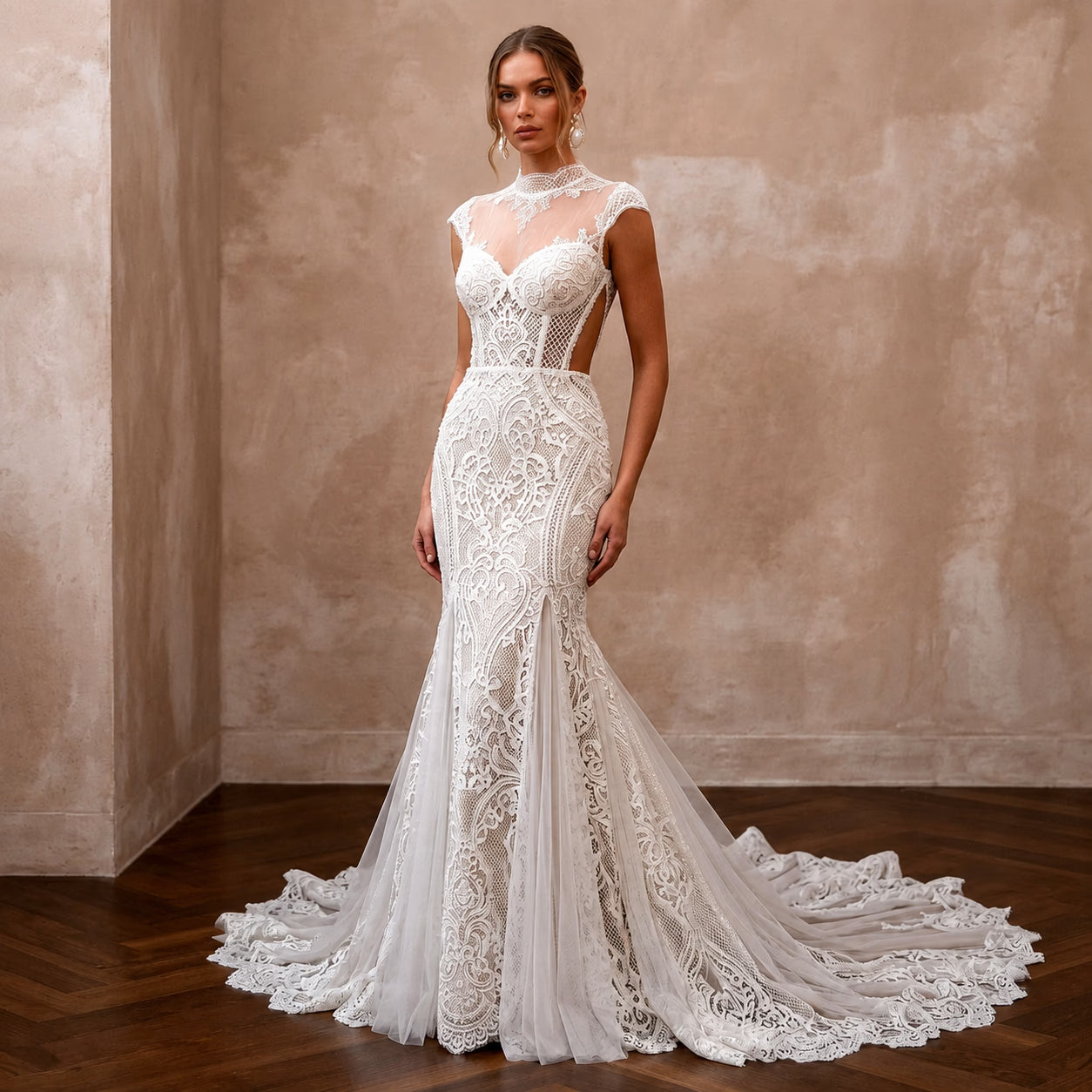 Vintage Lace Mermaid Wedding Dress with Open Back - Apparel & Accessories > Clothing > Wedding & Bridal Party Dresses > Wedding Dresses - Mignonette Bridal Main image