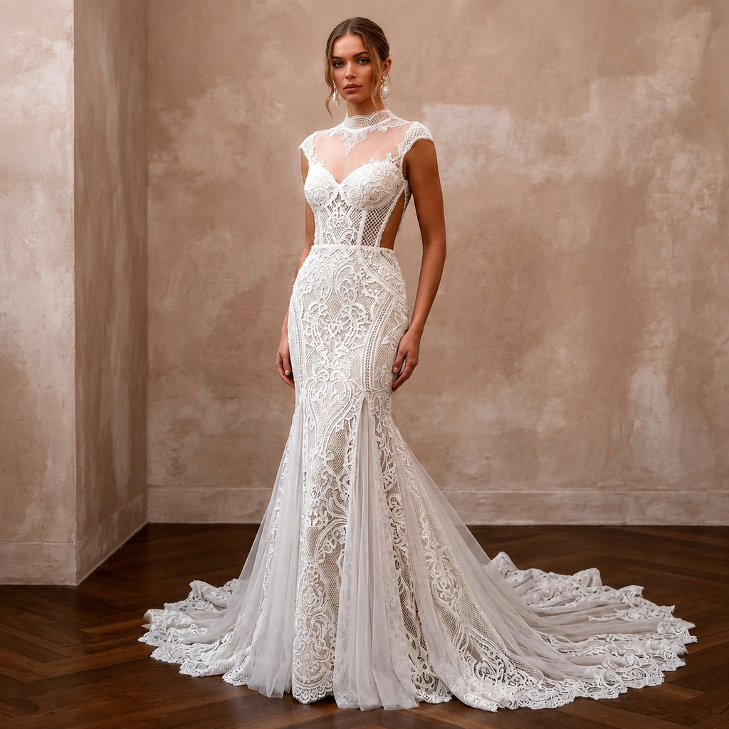 Vintage Lace Mermaid Wedding Dress with Open Back