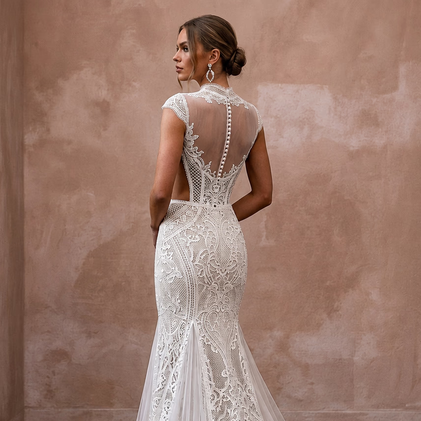 Vintage Lace Mermaid Wedding Dress with Open Back - Apparel & Accessories > Clothing > Wedding & Bridal Party Dresses > Wedding Dresses - Mignonette Bridal