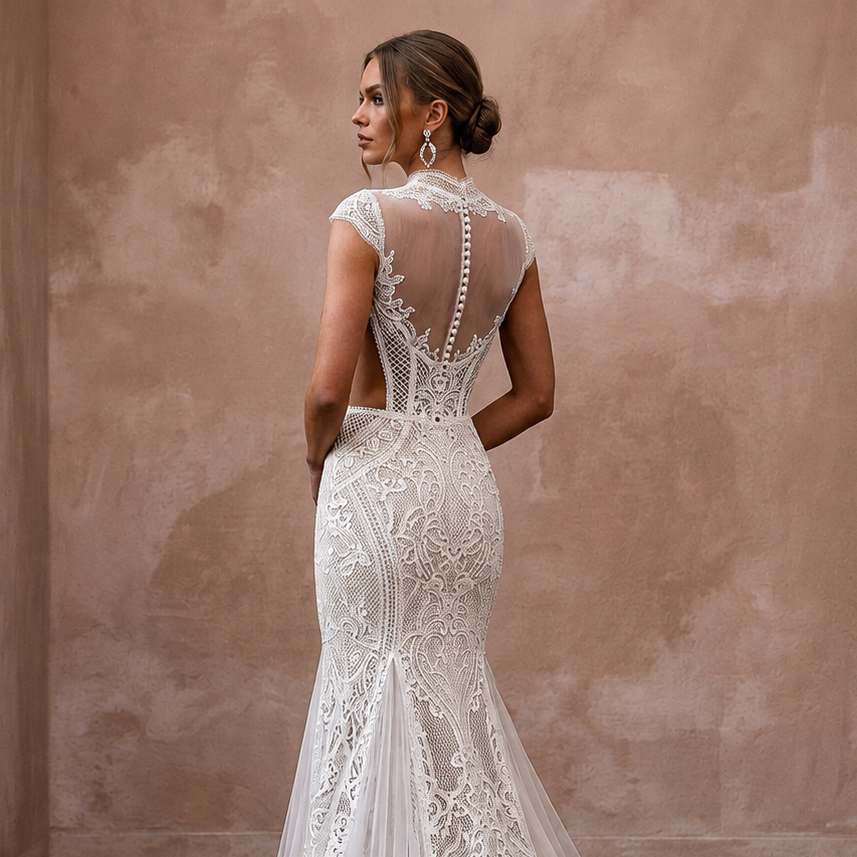 Vintage Lace Mermaid Wedding Dress with Open Back