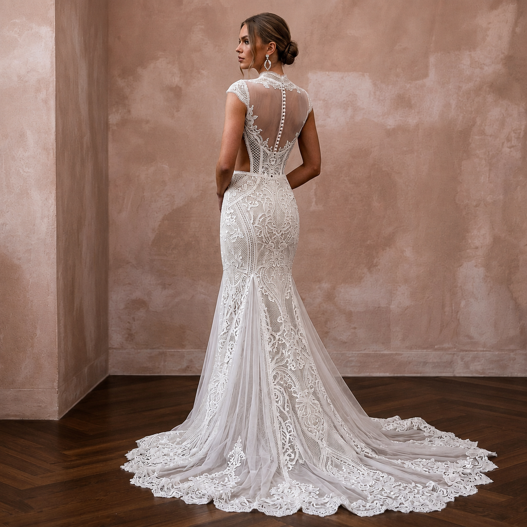 Vintage Lace Mermaid Wedding Dress with Open Back