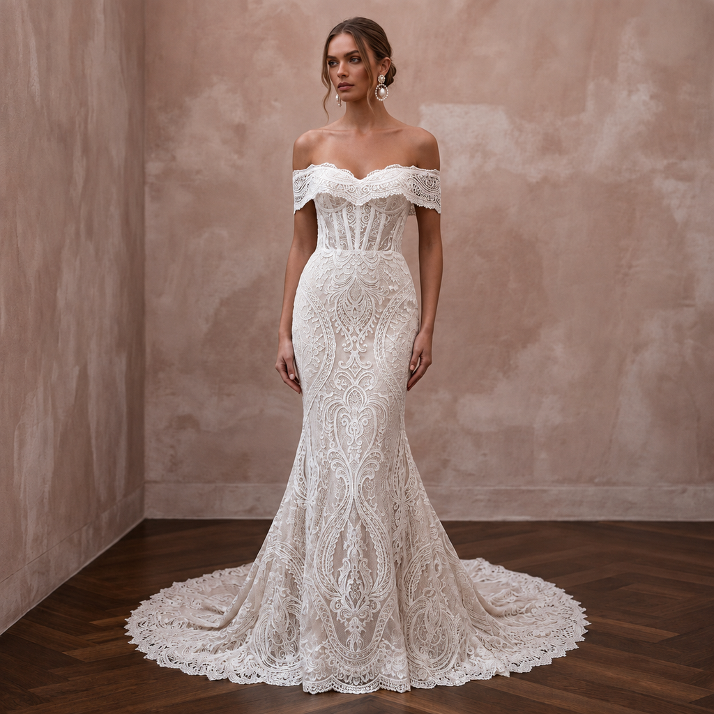 White lace off-shoulder mermaid wedding dress with ornate floral embroidery